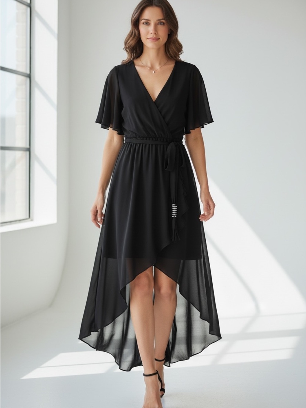 MSK Black Chiffon High-Low Wrap Dress